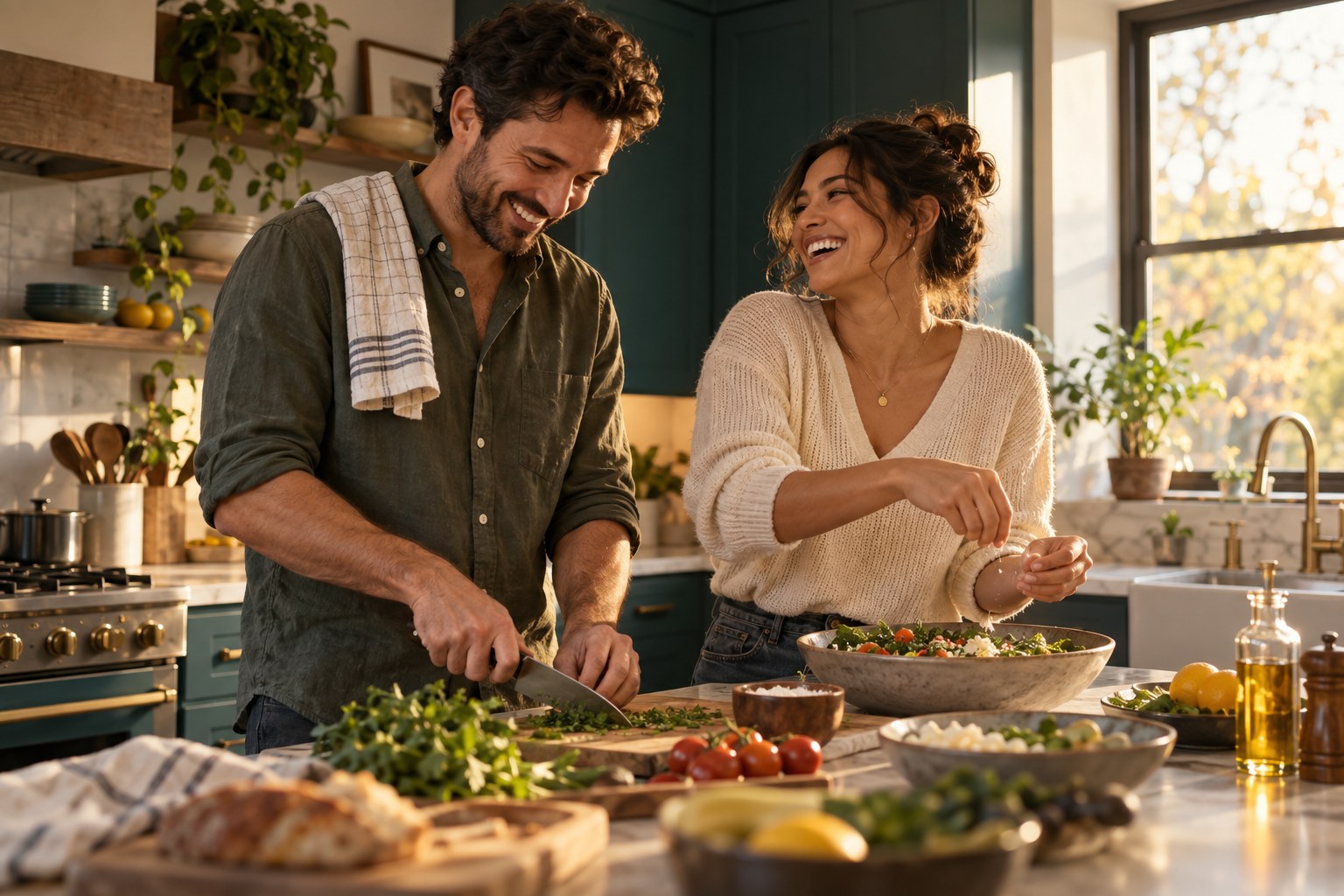 A couple enjoying cooking together in a sunlit kitchen